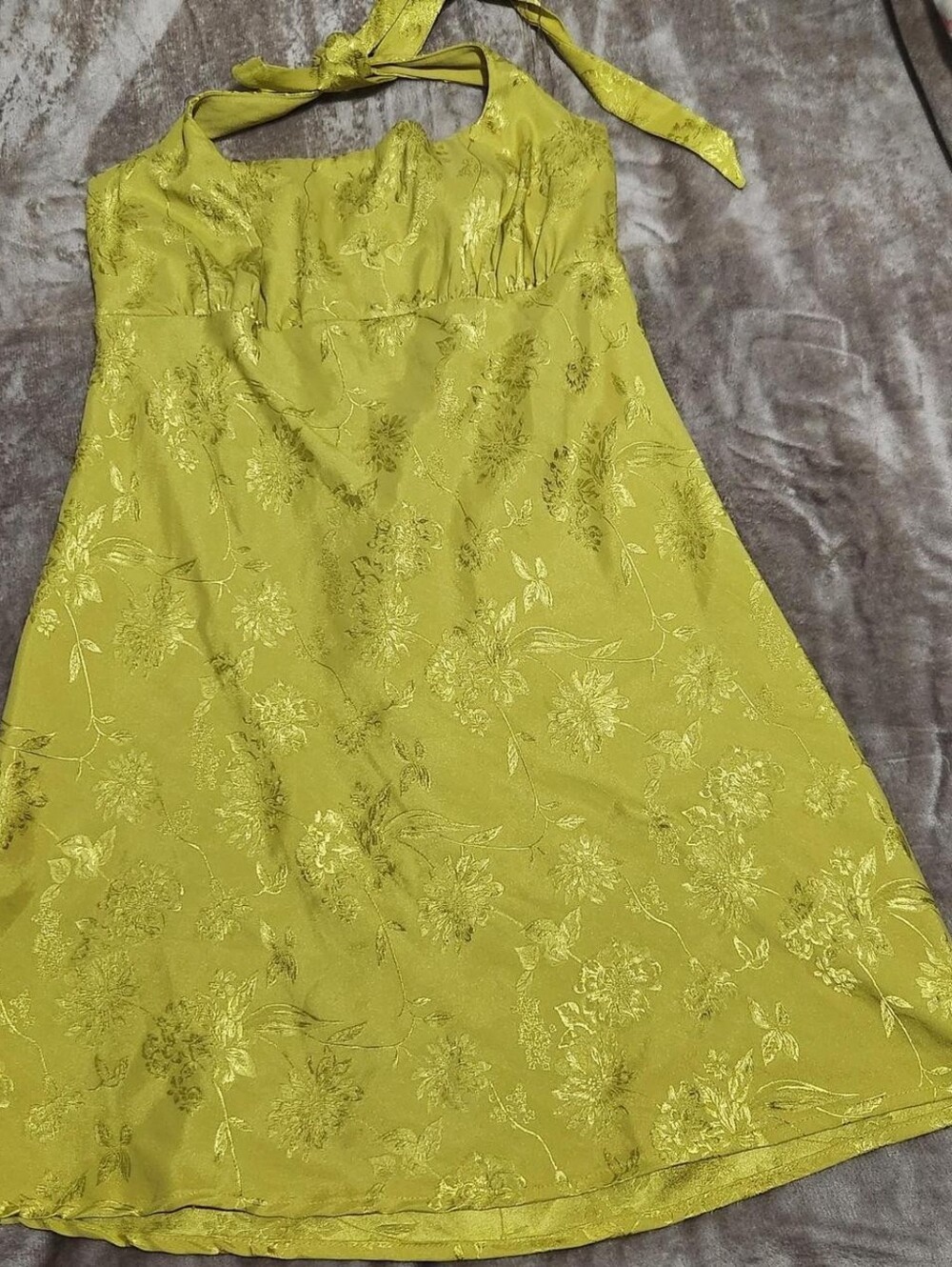 Yellow-Green Floral A-Line Women’s Dress Y2k